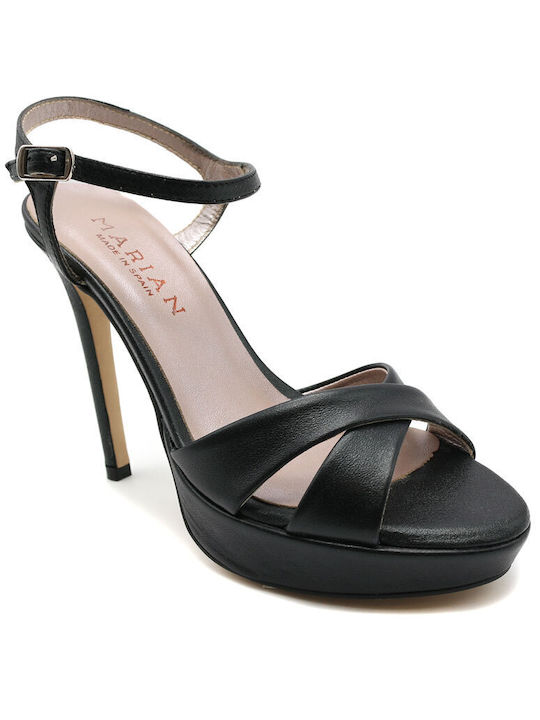 Marian Platform Leather Women's Sandals Black with Thin High Heel