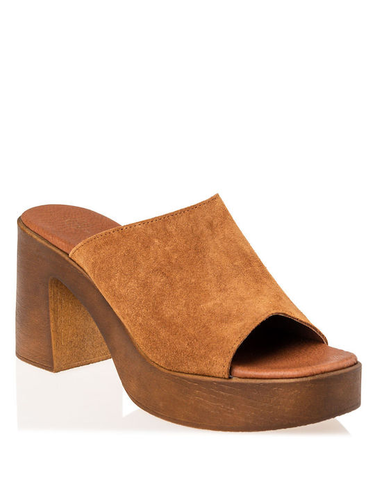 Envie Shoes Leder Mules mit Chunky Hoch Absatz in Tabac Braun Farbe