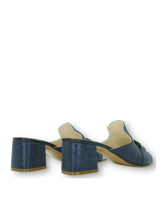 Leather Mules with Chunky Low Heel in Blue Color