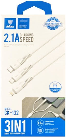 Inkax CK-132 Regular USB to Lightning / Type-C / micro USB Cable Λευκό 1.2m