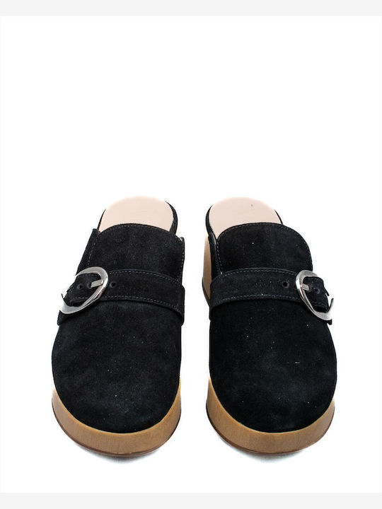 -P Suede Mules with Chunky Low Heel in Black Color