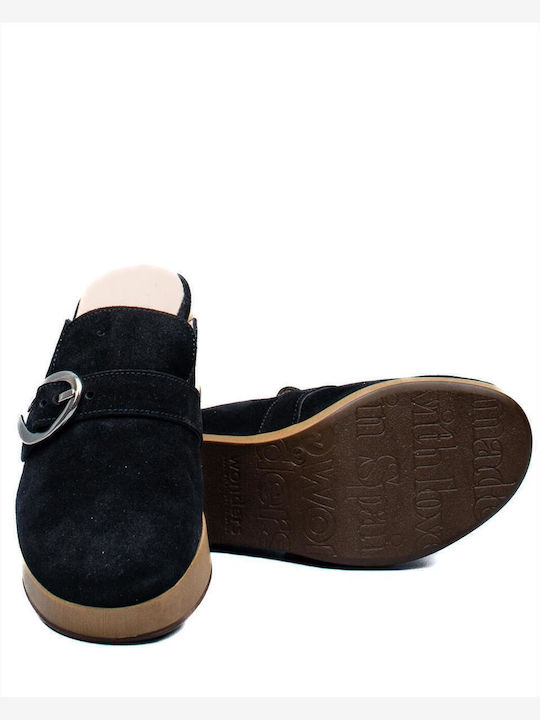 -P Suede Mules with Chunky Low Heel in Black Color