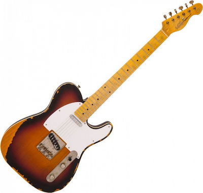 Vintage V59 Icon Chitară Electrică cu Forma Telecaster și Configurație de Pickup-uri SS Distressed Sunburst