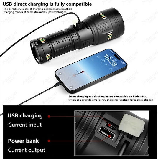 X-Balog Rechargeable Flashlight LED IP67 with Maximum Brightness 40000lm Black