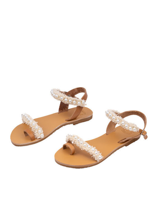 Leather Women's Flat Sandals with Strap in White Color
