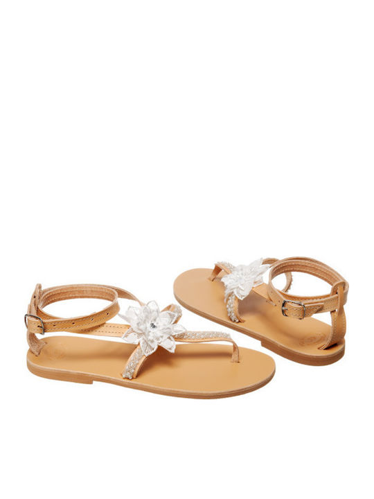 Leather Women's Flat Sandals with Strap in White Color