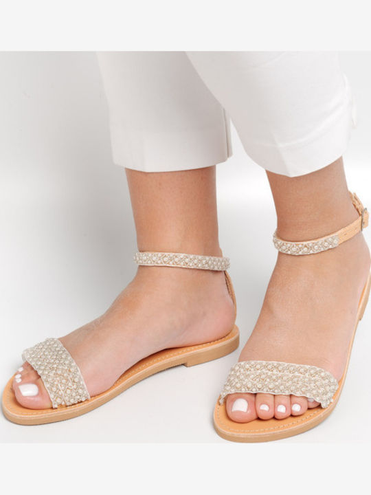 Leather Women's Flat Sandals with Strap in White Color