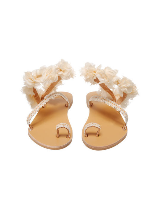 Philio Leder Damen Flache Sandalen in Beige Farbe