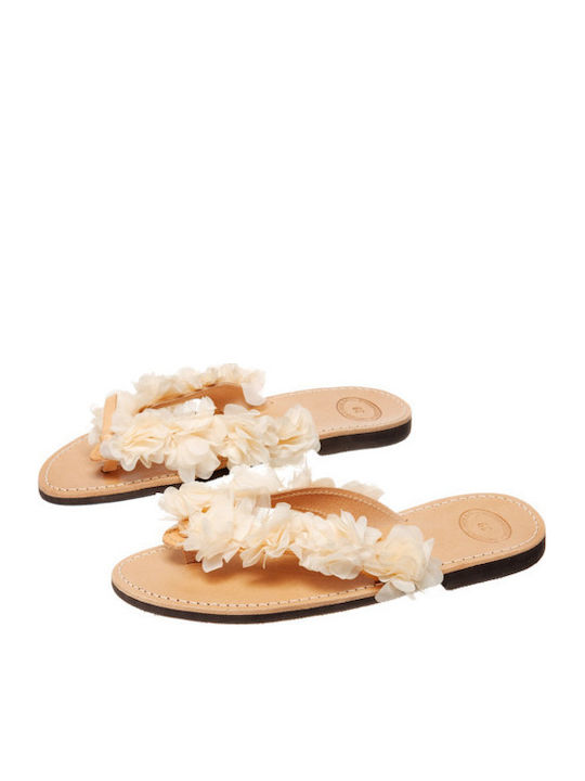 Leather Women's Flat Sandals in Beige Color