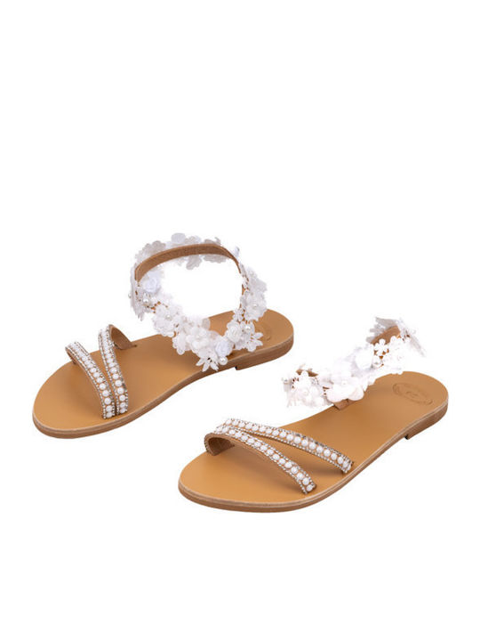 Leather Women's Flat Sandals in White Color