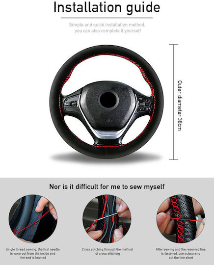 Auto-Lenkradabdeckung Maßgeschneidert mit Durchmesser 38cm Leder Schwarz mit Roter Naht