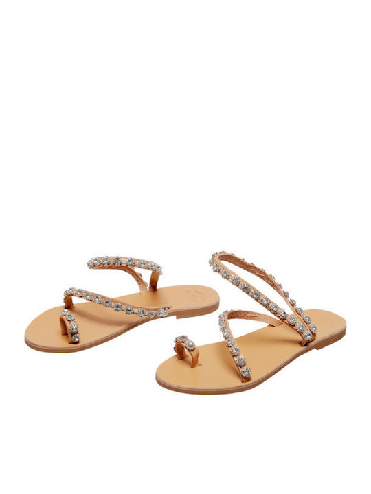 Leather Women's Flat Sandals in Silver Color