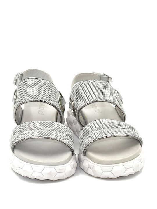 Leather Women's Flat Sandals Flatforms in Gray Color
