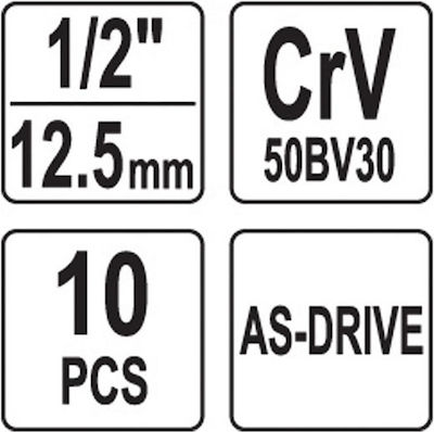 Yato Nüsse Sechskant Lange mit Vierkant-Antrieb 1/2" Set 10Stück