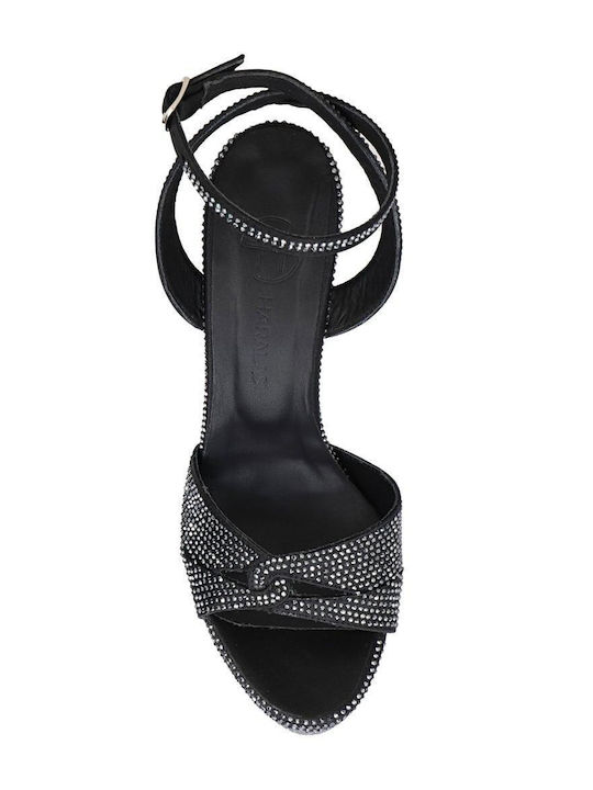 Platform Fabric Women's Sandals with Strass & Ankle Strap Black