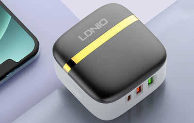 Ldnio Ladegerät mit 2 USB-A Anschlüsse und USB-C Anschluss und Kabel Blitzschlag 32W Stromlieferung Black/White (A3513Q)