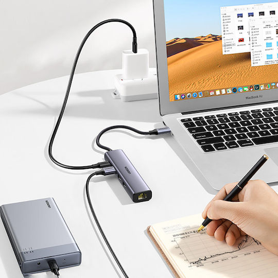 Ugreen CM475 USB-Hub mit 3 Anschlüssen USB 3.0 mit USB-C / Ethernet Grau