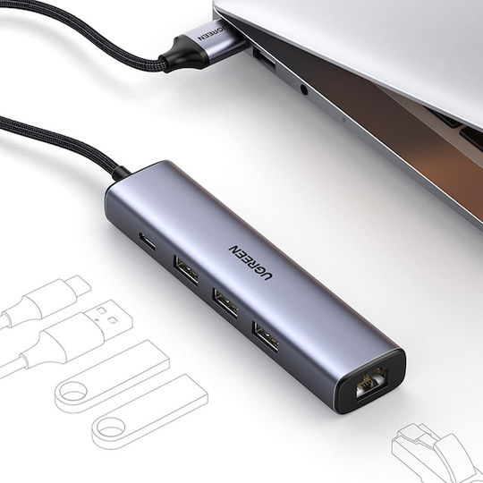 Ugreen CM475 USB-Hub mit 3 Anschlüssen USB 3.0 mit USB-C / Ethernet Grau