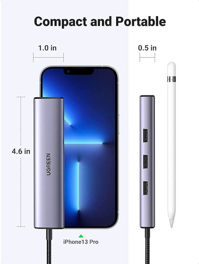 Ugreen CM475 Hub 3 Ports USB 3.0 with USB-C / Ethernet Connection Silver