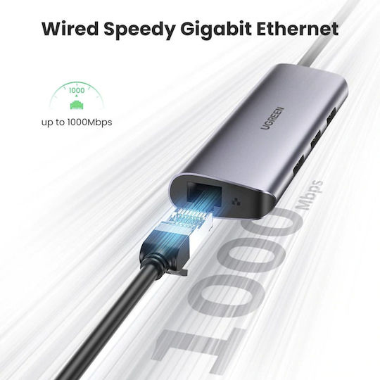 Ugreen CM252 3 Port USB 3.0 Hub with USB-A Connection Ethernet Gray