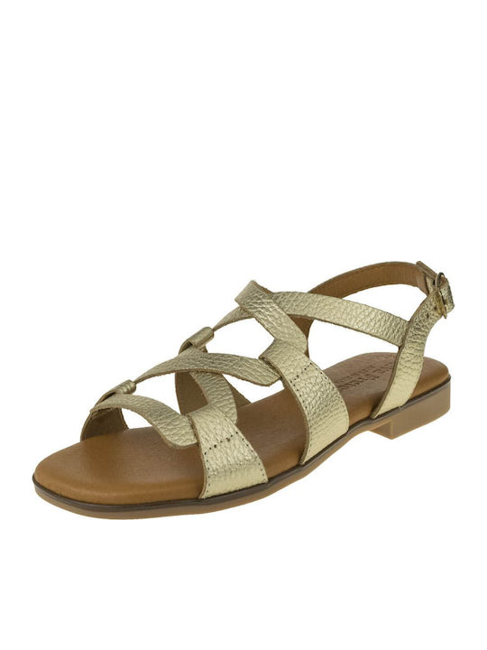 Leather Women's Flat Sandals in Gold Color