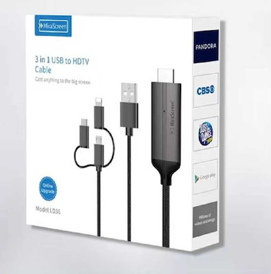 LD36 împletitură Cablu HDMI de sex masculin - Fulger masculin / USB-A de sex masculin / USB-C de sex masculin / micro USB Masculin 2m Negru