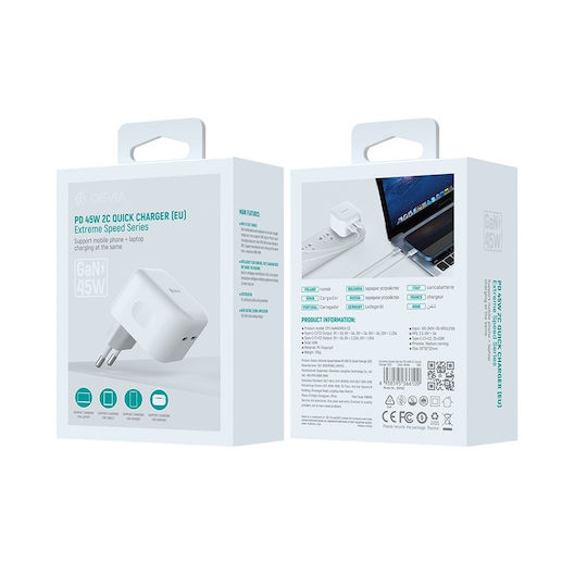 Devia Φορτιστής Χωρίς Καλώδιο GaN με 2 Θύρες USB-C 45W Power Delivery Λευκός (DVCH-366109)