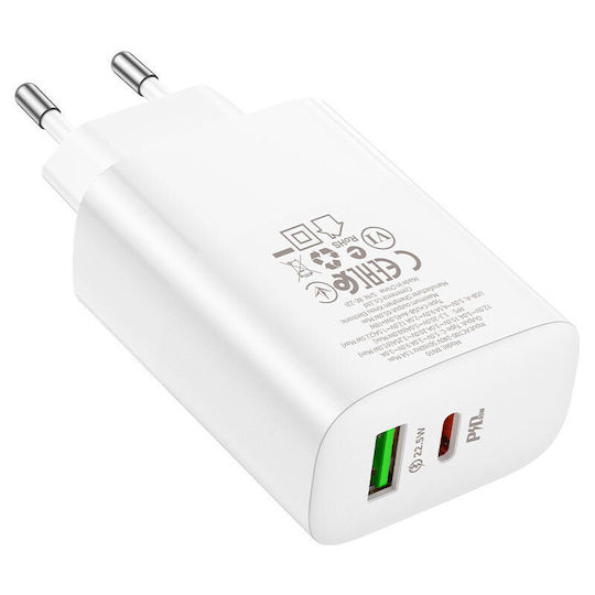 Borofone Charger with USB-A Port and USB-C Port and Cable USB-C 65W Power Delivery Whites (BN10)
