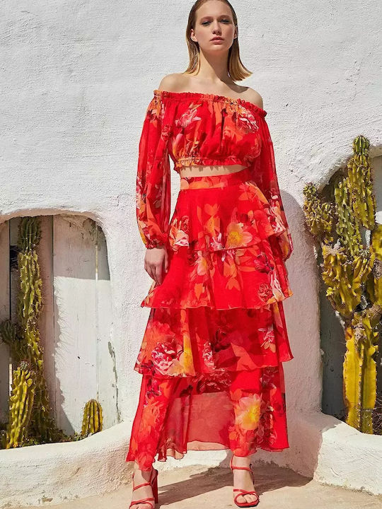 Ψηλόμεση Maxi Φούστα Floral Πορτοκαλί