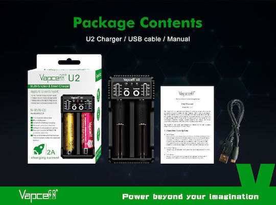 Vapcell U2 USB Φορτιστής 2 Μπαταριών Li-ion/Ni-Cd/Ni-MH Μεγέθους AA/AAA/D/18650/21700