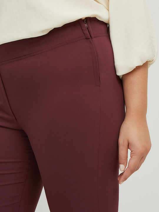 Basic Women's High-waisted Fabric Trousers Slim Fit Burgundy