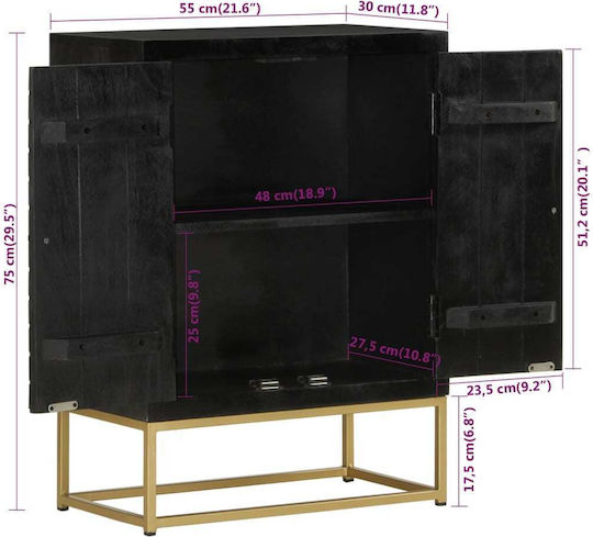 Bufet din Lemn Masiv & Metal Negru / auriu 55x30x75cm