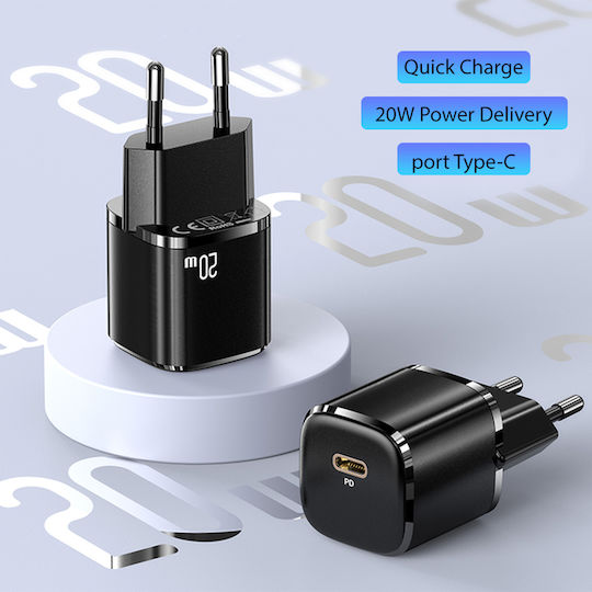 Usams Charger with USB-C Port and Cable USB-C - Lightning 20W Power Delivery Blacks (US-CC124 & US-SJ484)