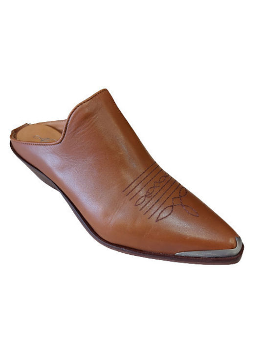 Alpe Chunky Heel Leather Mules Tabac Brown