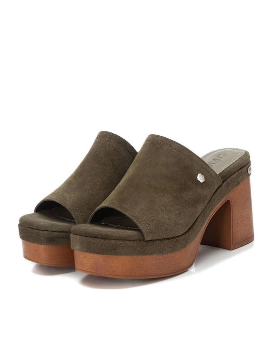 160677 Suede Mules με Χοντρό Ψηλό Τακούνι σε Χακί Χρώμα