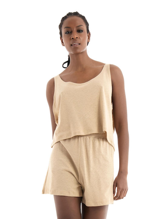 Collectiva Noir Women's Summer Crop Top Sleeveless Beige