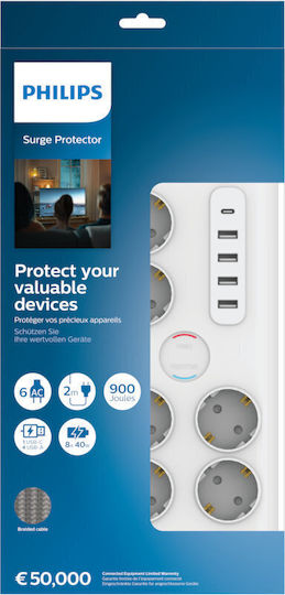Bandă de Alimentare de Securitate cu 6 Prize Philips Original Spn7060wa/grs 1 USB Type-C 15 W 4 USB Type-A 20 W