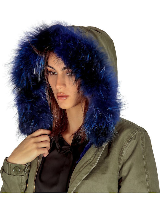Lang Damen Parka Jacke mit pelziger Kapuze für Winter Khaki PRK-49701 (KHKBL)