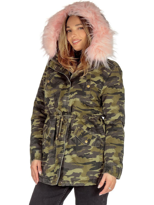 Women's Short Parka Jacket for Winter with Hood Khaki