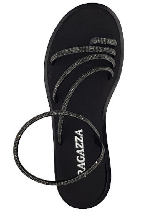 Leder Flache Damen Sandalen Schwarz