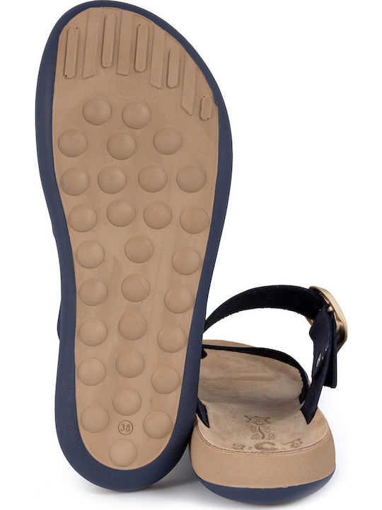 Leather Women's Flat Sandals in Navy Blue Color