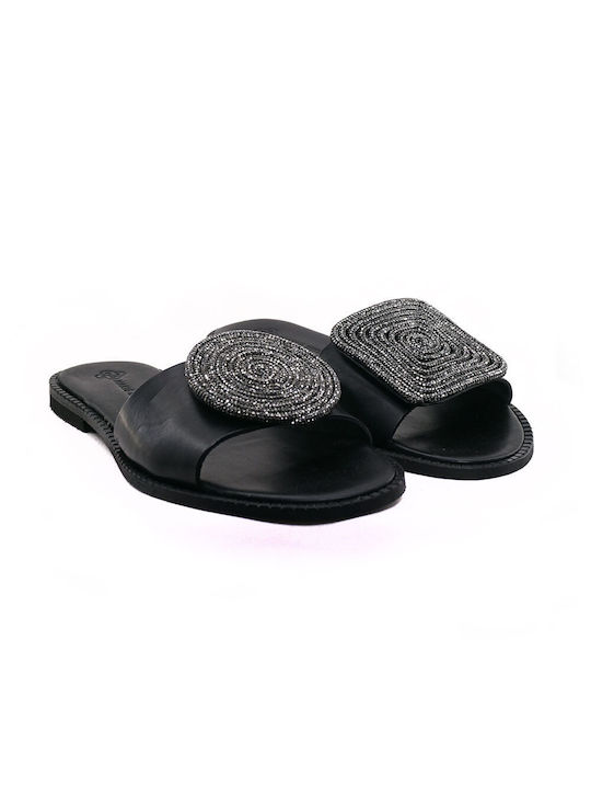 Makis Kotris Leather Women's Flat Sandals in Black Color