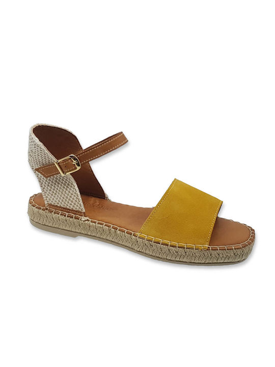 Commanchero Original Leather Women's Flat Sandals with Strap Flatforms in Yellow Color