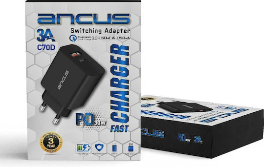 Ancus Φορτιστής Χωρίς Καλώδιο με Θύρα USB-A και Θύρα USB-C 30W Power Delivery / Quick Charge 3.0 Μαύρος (C70D)