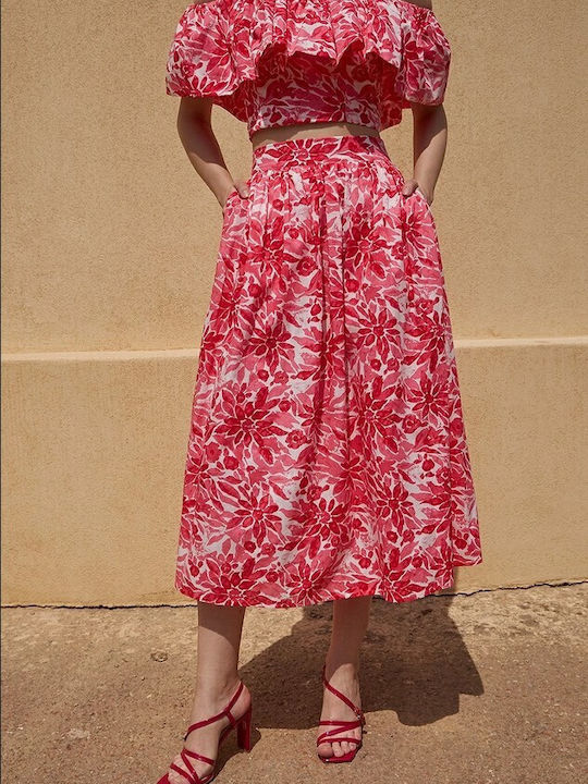 Desiree Ψηλόμεση Midi Φούστα Floral σε Κόκκινο χρώμα