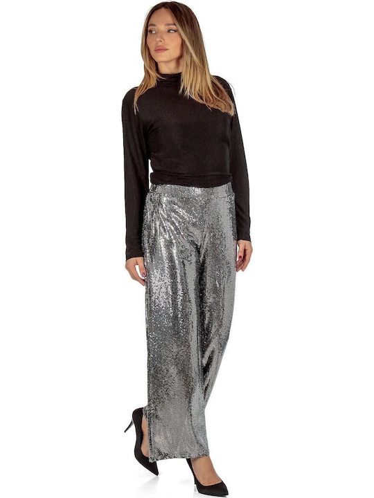 Women's Fabric Trousers Silver with Sequins