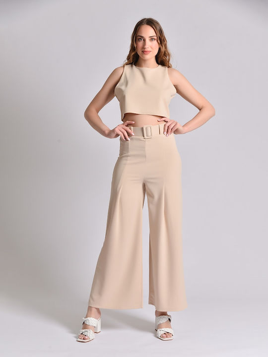 InShoes αμάνικο Women's Beige Set with High-waisted Trousers