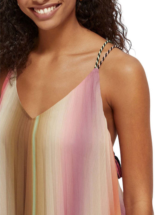 Pleated Rainbow Women's Summer Blouse with Straps & V Neckline Striped Multicolour