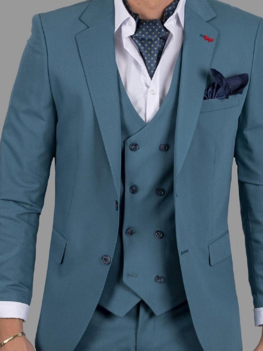 Dezign Ανδρικό Κοστούμι Με Γιλέκο με Στενή Εφαρμογή Μπλε