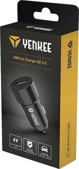 Yenkee 3.0 Încărcător Auto 18W 5A Încărcare Rapidă cu un Port: 1xUSB Negru Culoare